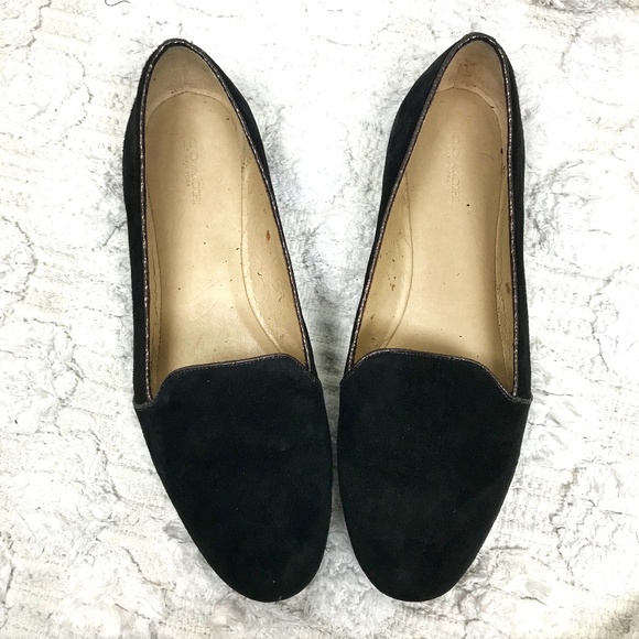 coach Shoes - Coach Cambridge Black Suede Bronze Trim Flats